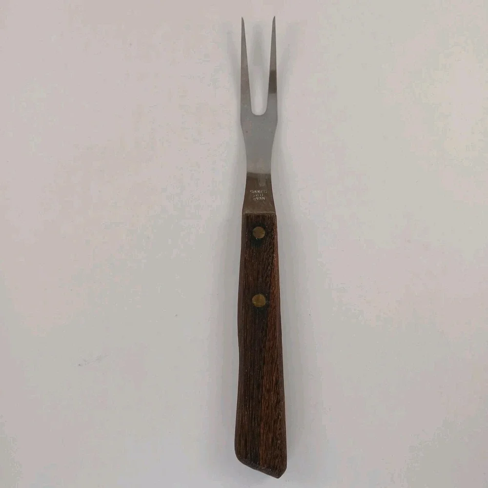 Vintage Serving Meat Carving Fork Wood Handle Stainless Steel Made In USA 9.5